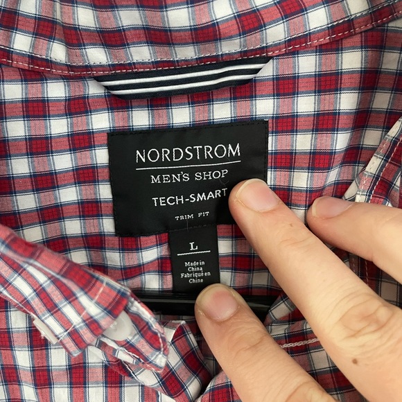 Nordstrom Men's Shop Tech-Smart Trim Fit Short Sleeve Red Blue White Checkered - Picture 5 of 10